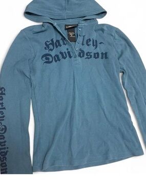 Harley Davidson Womens Blue Thermal Hoodie Size Small Y2K Waffle Knit Graphic